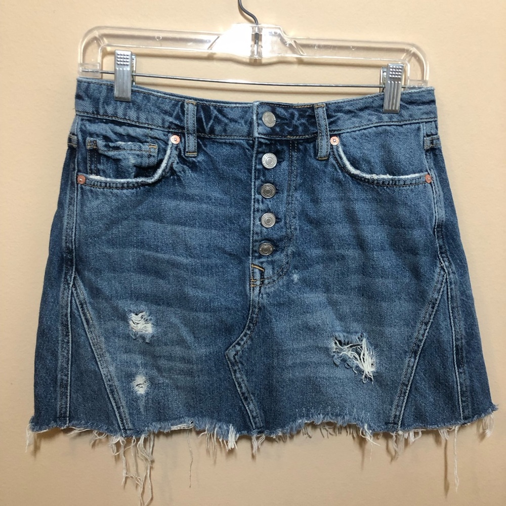 Free people we the free distressed Harvey mini jean skirt button front frayed